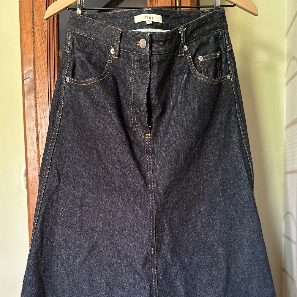 Tibi Indigo Denim Midi Aline Skirt